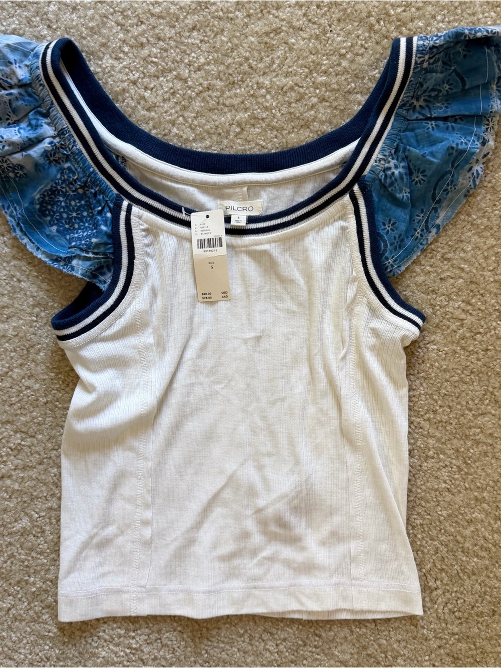 Anthropologie Pilcro White Ribbed Tank with Blue Floral Puff Sleeves Size S - Picture 2 of 10